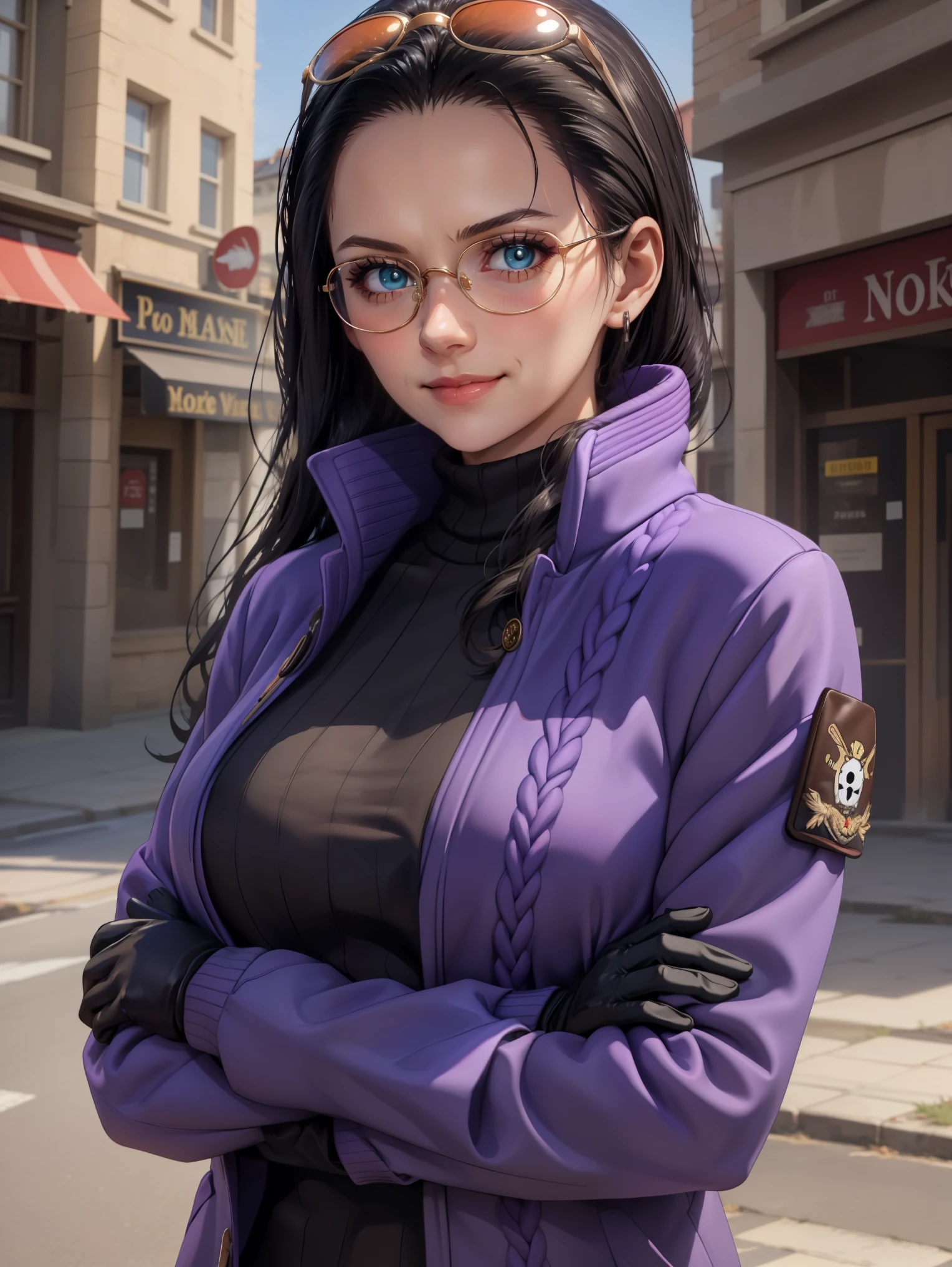 (Masterpiece), 1girl, high quality, best quality, extremely detailed eyes, extremely detailed body, blush, highly detailed, Nico robin, one piece, black hair, blue eyes,  looking at viewer, smile, large breasts, gloves, long sleeves, closed mouth, 1girl, purple jacket, upper body, open clothes, sweater, coat, crossed arms, eyewear on head, brown gloves, ribbed sweater, hair slicked back, purple sweater