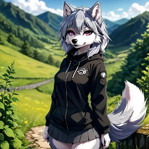 A female wolf, anthropomorphic, furrygirl, thick outline, anime styling, looking at the viewer, hinterland, in any outfit, anywh...