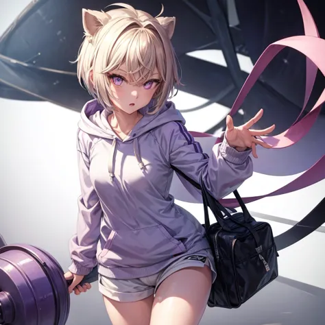 anime girl, white short hair, purple eyes, hoodie, personal, ribbon, vtuber, street style