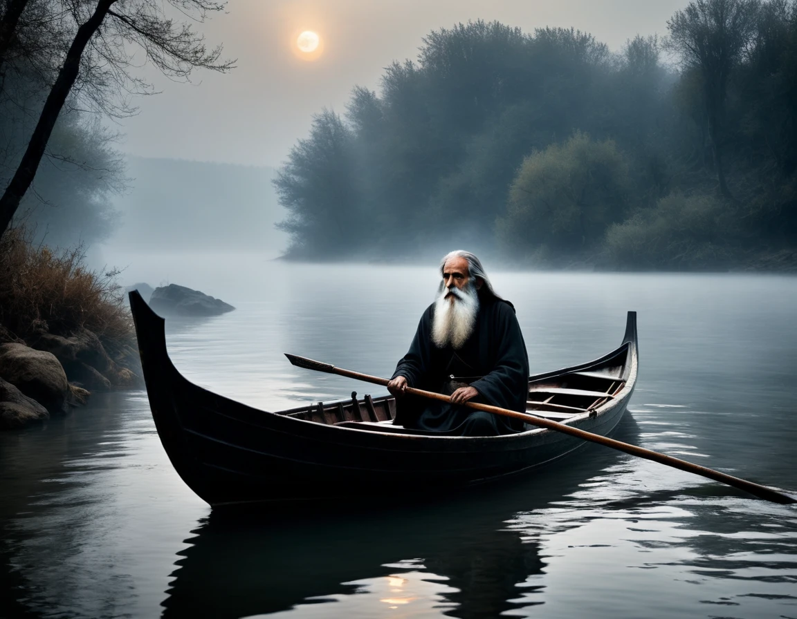 (((super realistic, lots of details, masterpiece))), In the image, created in a neural network, (((Charon, old withered boatman with a long beard, standing in his boat, which seems ancient and worn. His eyes express wisdom and sadness, and your hands confidently hold the oars))). A man with an exposed hummock is sitting in a boat, Shrouded in mystery. The environment depicts the dark and mysterious world of the kingdom of the dead. River, on which the boat floats, flows slowly and silently, as if driven by fate itself. A foggy morning creates an atmosphere of mystery and sadness. The shore is visible in the distance, covered with gloomy trees and rocks, symbolizing the gates of the kingdom of the dead. The river water reflects the pale luminary, giving the picture a certain supernatural tone. Silence and tranquility reign in this world, filled with secrets and riddles.