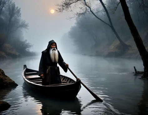(((super realistic, lots of details, masterpiece))), In the image, created in a neural network, (((Charon, old withered boatman ...