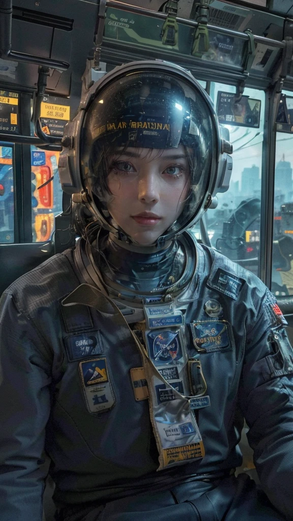 On a subway, A Hyperrealistic, Ultra-detailed, Anatomically Perfect Image of ((Sexy astronaut, with closed helmet.)) The astronaut helmet covers his face. She's sitting in the Subway bored to get to the spaceship. . ((Cyberpunk city at the background)), raytraced, wind, (aesthetics & atmosphere:1.2), beautiful, sexy, half body, (raw photo, best quality), (realistic, photo-realistic:1.3), Masterpiece, ((An extremely detailed astronaut helmet)), Best quality score, close up, high view.