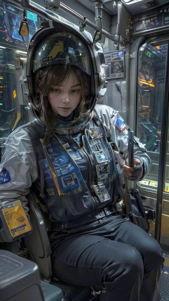 On a subway, A Hyperrealistic, Ultra-detailed, Anatomically Perfect Image of ((Sexy astronaut, with closed helmet.)) The astronaut helmet covers his face. She's sitting in the Subway bored to get to the spaceship. . ((Cyberpunk city at the background)), raytraced, wind, (aesthetics & atmosphere:1.2), beautiful, sexy, half body, (raw photo, best quality), (realistic, photo-realistic:1.3), Masterpiece, ((An extremely detailed astronaut helmet)), Best quality score, close up, high view.