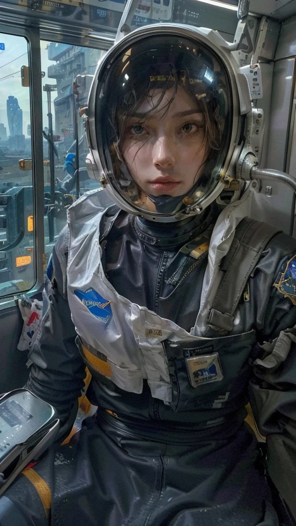 On a subway, A Hyperrealistic, Ultra-detailed, Anatomically Perfect Image of ((Sexy astronaut, with closed helmet.)) The astronaut helmet covers his face. She's sitting in the Subway bored to get to the spaceship. . ((Cyberpunk city at the background)), raytraced, wind, (aesthetics & atmosphere:1.2), beautiful, sexy, half body, (raw photo, best quality), (realistic, photo-realistic:1.3), Masterpiece, ((An extremely detailed astronaut helmet)), Best quality score, close up, high view.