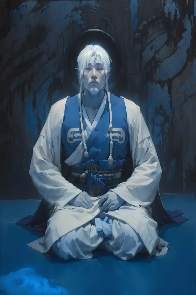 painting of a man in a white robe sitting on a blue surface, daoist, mystical oil on linen, ancient japanese monk, inspired by Kaigetsudō Anchi, inspired by Kaigetsudō Ando, yanjun chengt, portrait of monk, white haired deity, a cyborg meditating, monk meditate, zen méditation cyberpunk