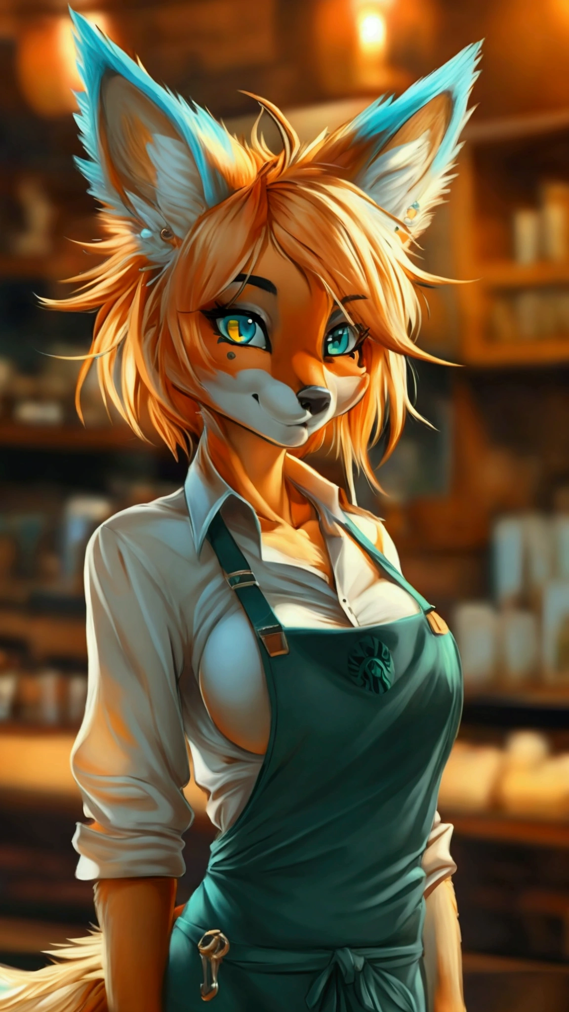 (anthro)) vixen/fox, by cervina_7, by sligarthetiger, Best Quality, masterpiece,, Illustration, Wallpaper,1girl in, Solo, orange fur, white hair, mohawk on one side, ,mohawk haircut, the end tips of hair are aqua blue, dot piercings 3 in 2 row down her snoot, multipule golden ear piercings , golden yellow eyes, glowing eyes, Beautiful detailed girl, extremely detailed eye and face, black dragon tattoo on her arm, tattoos, Beautiful detailed eyes, natural_Lighting, Looking at Viewer, Thick_thighs, big ass, tall, hourglass figure, female, cute, Starbuck, casher, barista, Starbucks apron, large breasts, natural breasts, tail, tall, happy expresion, wide hips thin waist, 8k