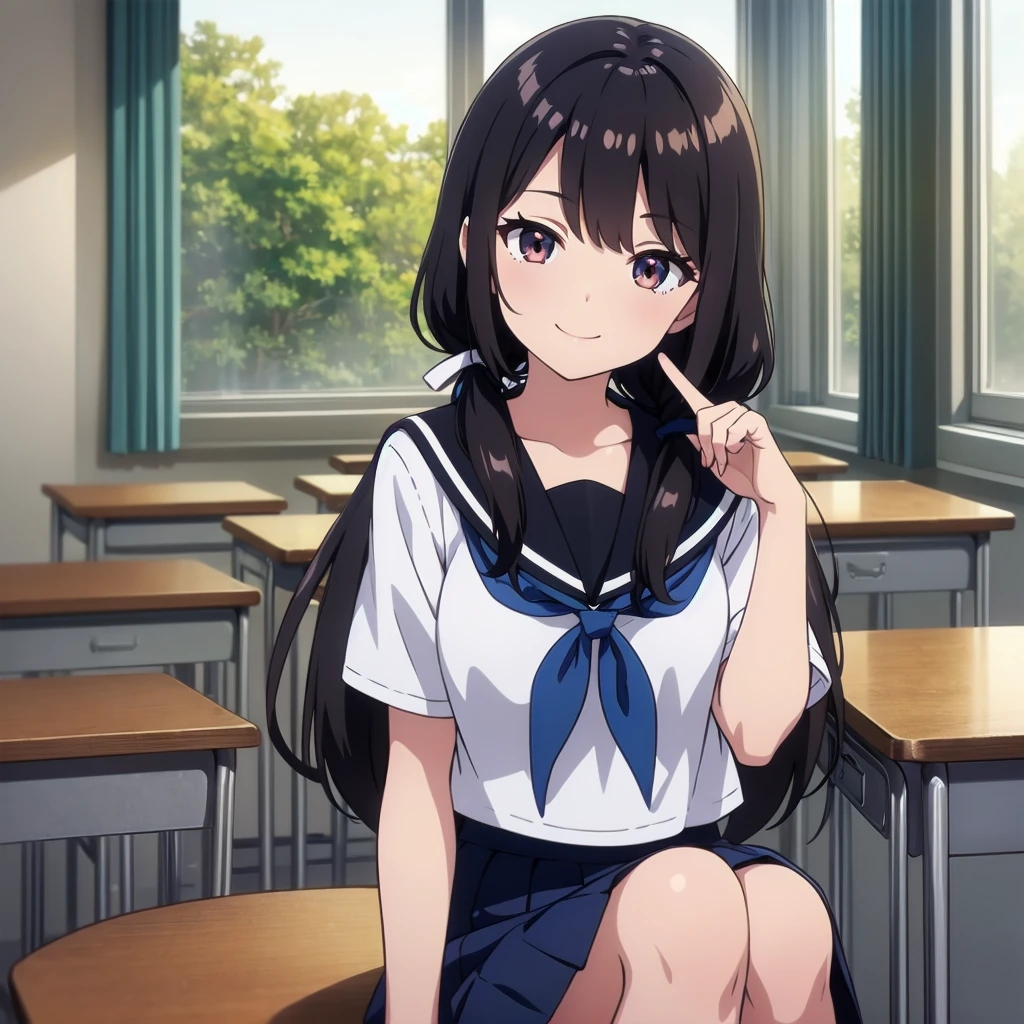 1girl, sitting, open hand, arm up, palm, head tilt, smile, 15yo,
classroom, indoors, school chair, school desk, (low twintails girl), low pigtails, hair ribbon  white, very long black hair,
white serafuku with blue ribbon, navy-blue collar, navy-blue skirt,
(dark brown eye), afternoon, summer,
school,
(from front:1.4), upper body,
anime, high brightness, detailed face, detailed eyes,
(high quality, ultra detailed, masterpiece, FHD)