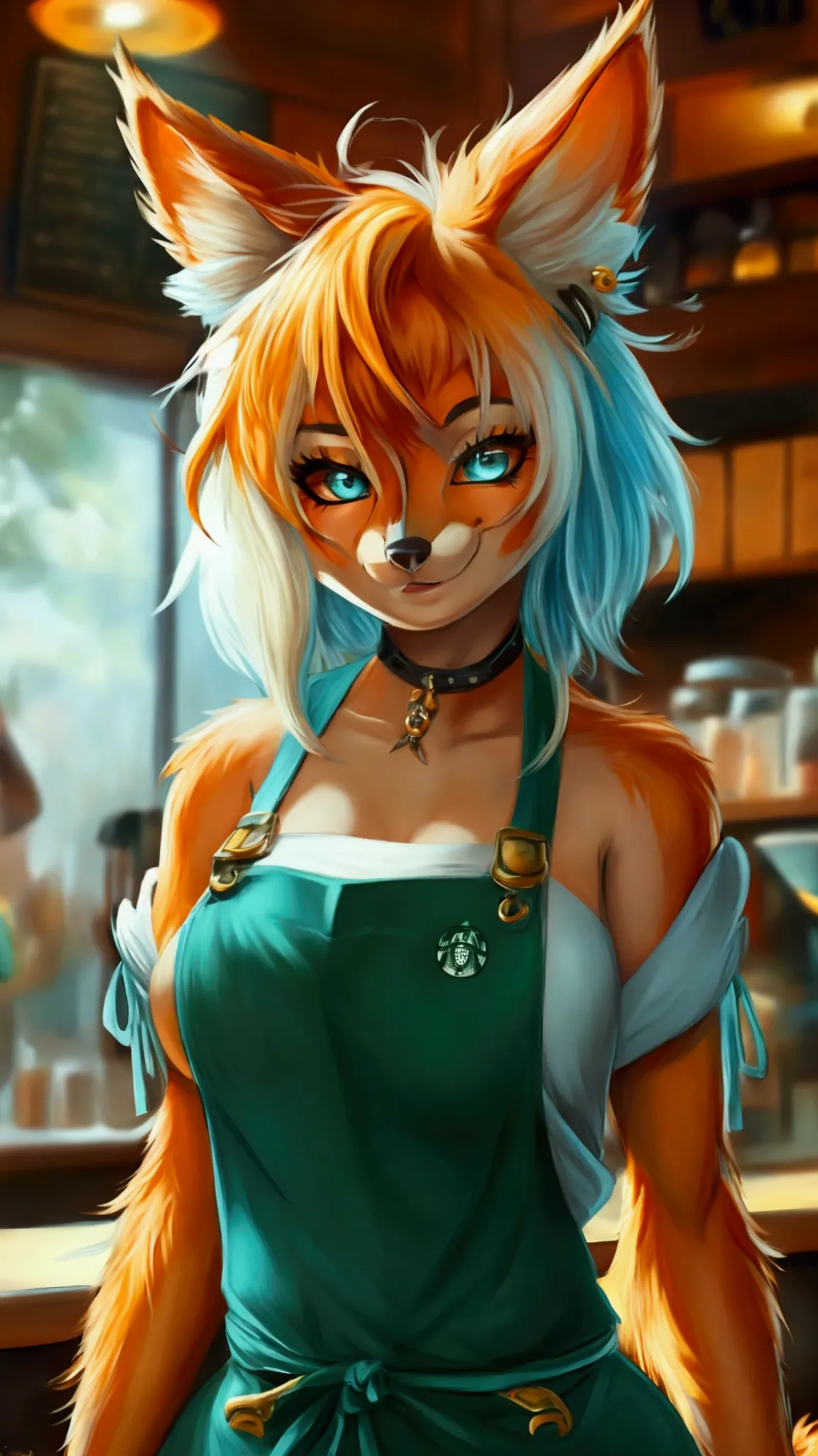 (anthro)) vixen/fox, best quality, masterpiece,, illustration, wallpaper,1girl in, solo, orange fur, white hair, mohawk on one s...