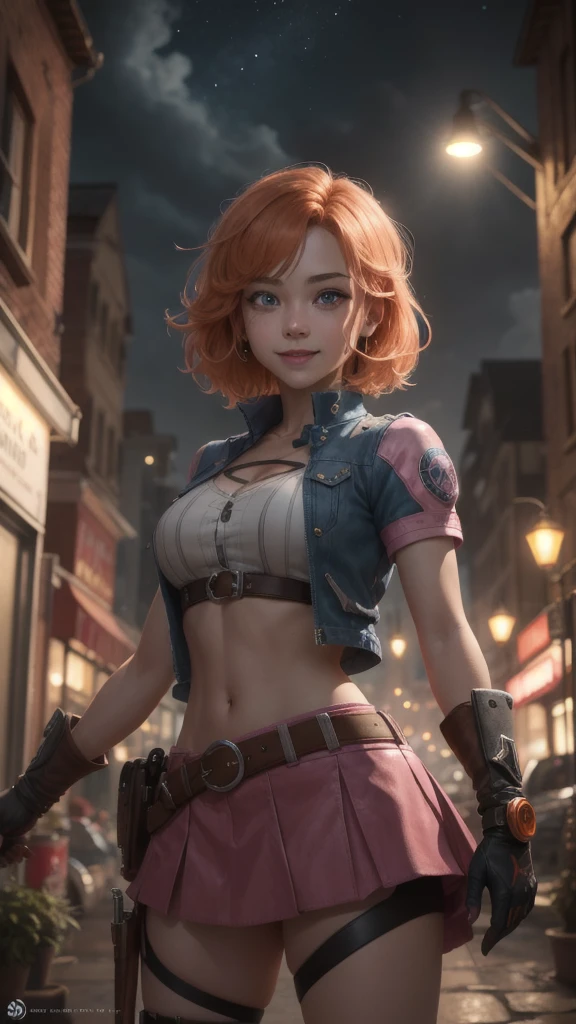 1 girl,cowboy shot, beautiful, looking at the viewer, smile, short hair, blue eyes, heart cutout, gloves, jacket, pink skirt, pink belt, short sleeve, puff sleeves, single armband, fingerless gloves, orange hair, pink gloves, dynamic pose, night, outdoors, city, (volumetric lighting), best quality, artwork, intricate details, tone mapping, sharp focus,  hyper detailed, trending on ArtStation,