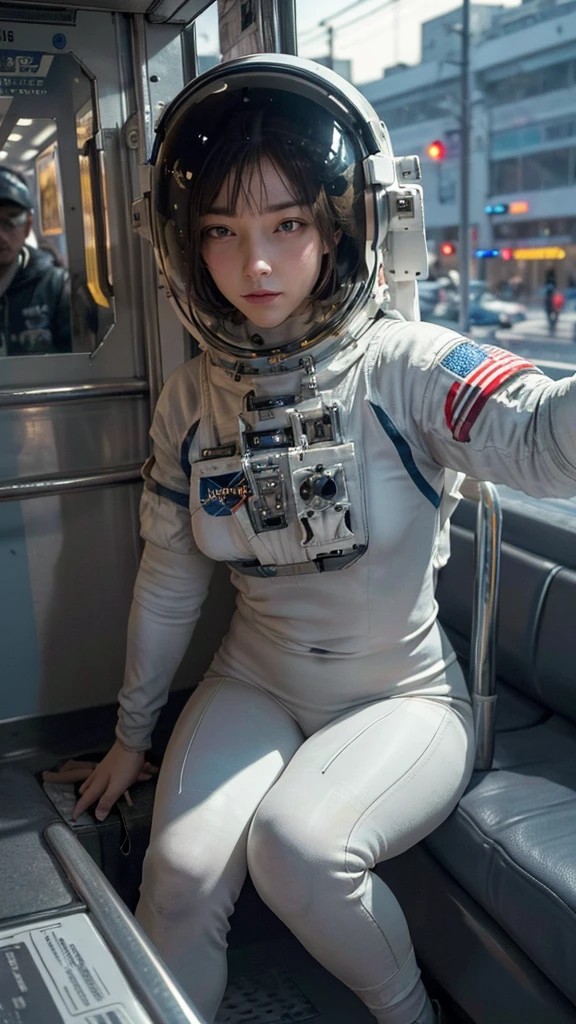 On a subway, A Hyperrealistic, Ultra-detailed, Anatomically Perfect Image of ((woman astronaut, with closed helmet.)) The astronaut helmet covers his face. She's sitting in the Subway bored to get to the spaceship. . ((Cyberpunk city at the background)), raytraced, half body, (raw photo, best quality), (realistic, photo-realistic:1.3), Masterpiece, ((An extremely detailed astronaut helmet)), Best quality score, middle body, close up, high view.