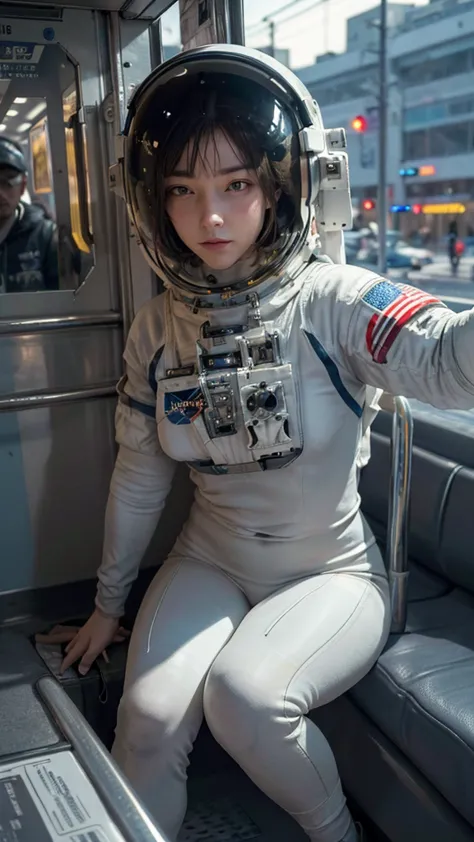 On a subway, A Hyperrealistic, Ultra-detailed, Anatomically Perfect Image of ((woman astronaut, with closed helmet.)) The astron...