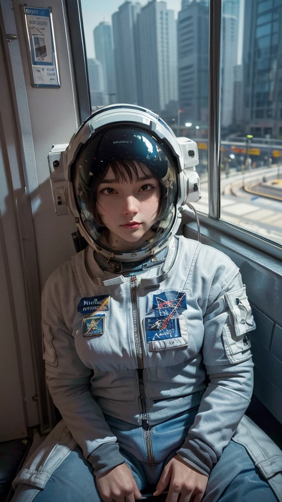 On a subway, A Hyperrealistic, Ultra-detailed, Anatomically Perfect Image of ((woman astronaut, with closed helmet.)) The astronaut helmet covers his face. She's sitting in the Subway bored to get to the spaceship. . ((Cyberpunk city at the background)), raytraced, half body, (raw photo, best quality), (realistic, photo-realistic:1.3), Masterpiece, ((An extremely detailed astronaut helmet)), Best quality score, middle body, close up, high view.