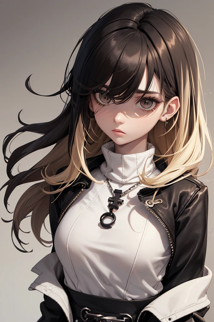 (best quality), 1girl, female, pale skin, (black hair), blonde ombre, medium hair, messy hair, messy bangs, hair over eyes, (brown eyes), perfect eyes, dark circles under eyes, skinny body, flat chest, goth girl, oversized jacket, turtleneck, ripped jeans, childish, masterpiece, anatomically correct, highres
