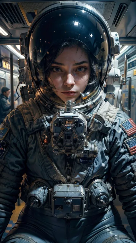 On a subway, A Hyperrealistic, Ultra-detailed, Anatomically Perfect Image of ((woman astronaut, with closed helmet.)) The astron...