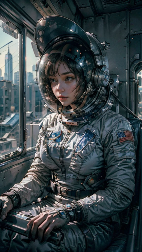 On a subway, A Hyperrealistic, Ultra-detailed, Anatomically Perfect Image of ((woman astronaut, with closed helmet.)) The astronaut helmet covers his face. She's sitting in the Subway bored to get to the spaceship. . ((Cyberpunk city at the background)), raytraced, half body, (raw photo, best quality), (realistic, photo-realistic:1.3), Masterpiece, ((An extremely detailed astronaut helmet)), Best quality score, middle body, close up, high view.