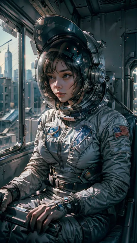 On a subway, A Hyperrealistic, Ultra-detailed, Anatomically Perfect Image of ((woman astronaut, with closed helmet.)) The astron...