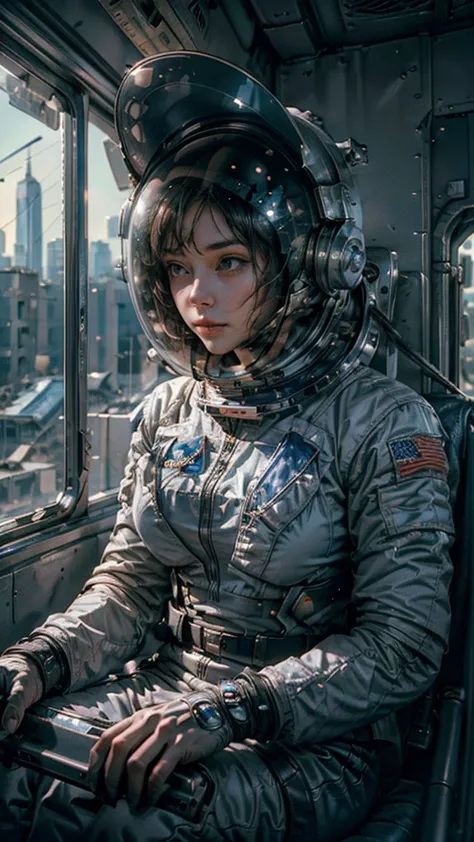 on a subway, a hyperrealistic, ultra-detailed, anatomically perfect image of ((woman astronaut, with closed helmet.)) the astron...