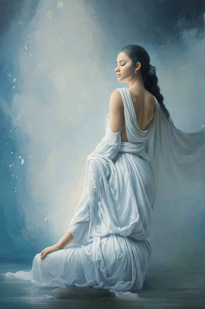 A painting of a serene figure kneeling in quiet contemplation, ethereal blue light emanating from below, simple white robes, abstract face mask, a somber yet peaceful atmosphere