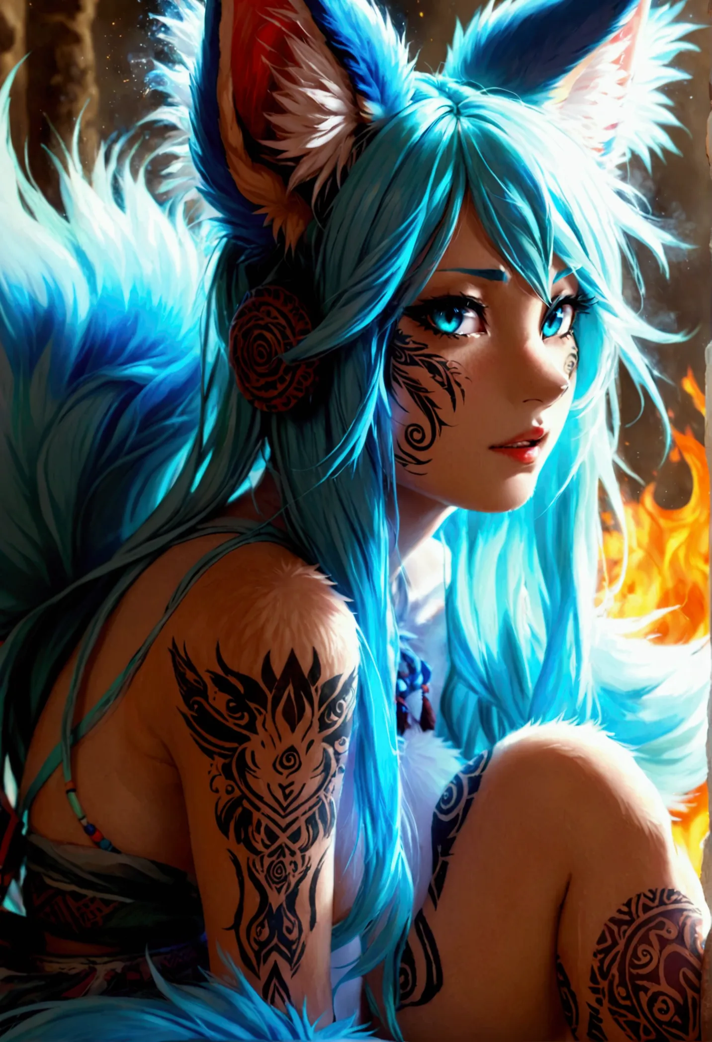 miku hatsune, add high definition_detail:1, blue fur,kitsune ears, tribal tattoo add_detail:1, in hell add_detail, barefoot, nic...