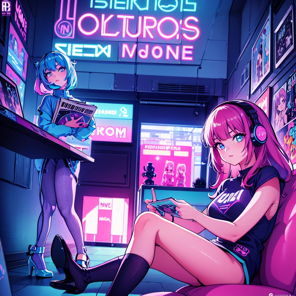 (masterpiece), Highest quality, Expressive eyes, Neon pastel aesthetics, Retro 90s, Neon color,((Girl sitting on sofa,In a cozy room,Records hanging on her wall, Comic books on the floor, Looking out the window behind her at the night city, Upholstered room, Anime figures lined up on a shelf)), Wearing headphones, (All around her it sparkles), (Wearing high socks and heels), (blue eyes), (Soft look), (Synthwave Art Style), Colorful Hair, Desk with PC set up