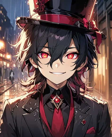 (black_hair), (deep_ruby_eyes), (detailed_eyes), (smile), (attractive), (street_background), (raining), (glowing_eyes), (male), ...