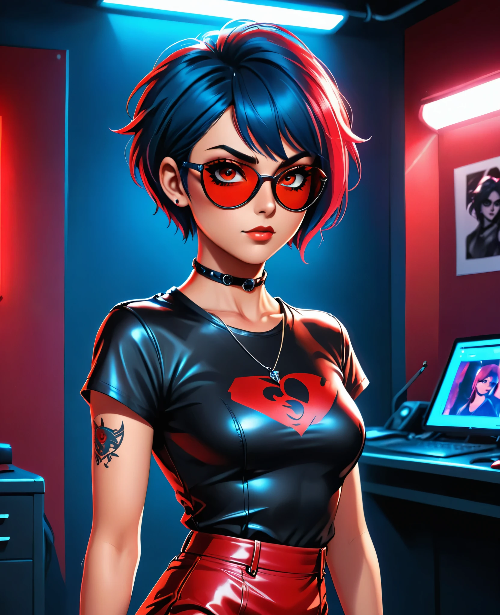 (In style of the 80s and 90s). anime female character, short colored hair, blue eye color, wearing sunglasses, short leather skirt, black tattoo on neck , in the hack room, digital painting "lighting": "dramatic red light, deep shadows", "resolution": "8K, ultra-detailed", (full length)