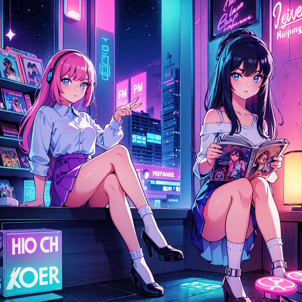 (masterpiece), Highest quality, Expressive eyes, Neon pastel aesthetics, Retro 90s, Neon color,((Girl sitting on sofa,In a cozy room,Records hanging on her wall, Comic books on the floor, Looking out the window behind her at the night city, Upholstered room, Anime figures lined up on a shelf)), Wearing headphones, (All around her it sparkles), (Wearing high socks and heels), (blue eyes), (Soft look), (Synthwave Art Style), Colorful Hair, Desk with PC set up