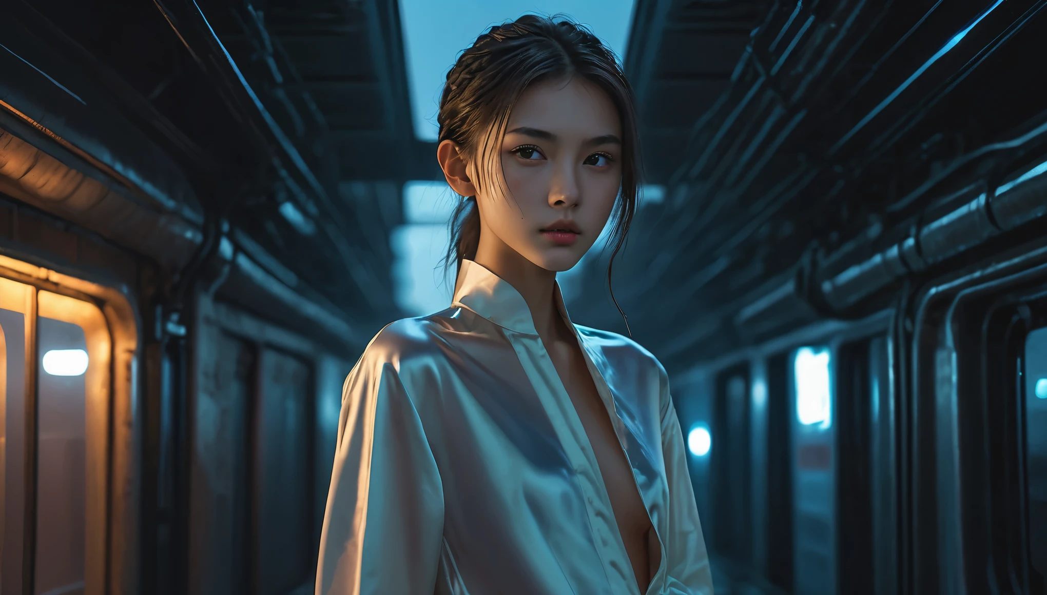 Top Quality, Masterpiece, High Resolution, 8k, (((cute skinny barely legal girl in oversized silk blouse and wetlook leggings, bare belly, wide neckline, deep neckline, small perky breasts, beautiful detailed eyes, beautiful detailed lips, small closed mouth, extremely detailed face, long ponytail hair, small hips))), cyberpunk apartment, moody atmosphere, dramatic and random neon colors, futuristic setting, intricate details, at night, backlit, full body shot, view from distance 