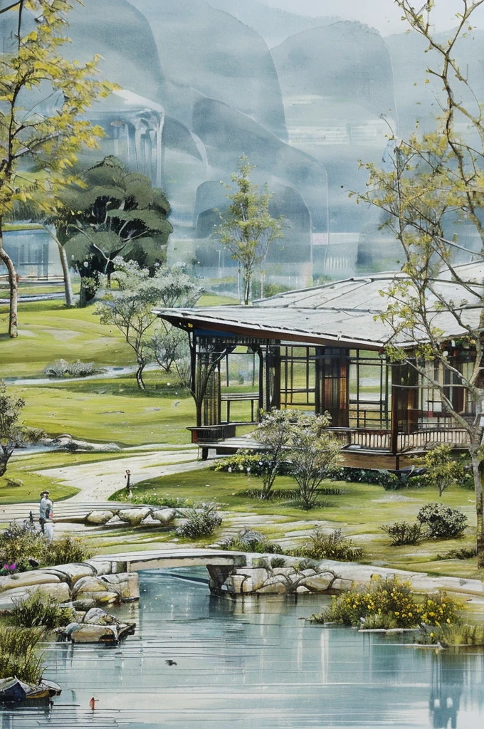 Pavilhão à beira da água，Rico em concepção artística，Pintura a tinta，pintura chinesa，Salgueiro，espumante，Manual de pintura de jardim de sementes de mostarda，Pavilhão Chinês，Salgueiro