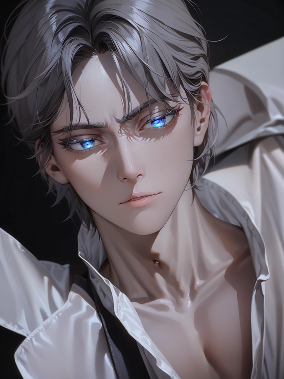 masterpiece, 8k, ((shadow and light effects)), Anime boy in tie and jacket, Smooth Anime CG Art, tall anime man with silver eyes, Anime Boy, Detailed Digital Anime Art, semi realistic anime, Realistic anime art style, made with anime painter studio, Beautiful Anime Portrait, anime style portrait, digital anime art, digital art in anime style, Anime Realism Style, anime handsome guy, full power ((effect)), ((serious countenance)), a small scar on the seat of the mouth