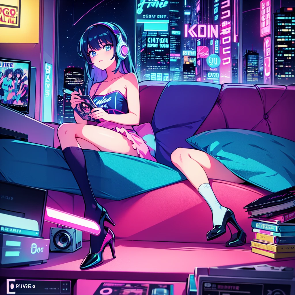 (masterpiece), Highest quality, Expressive eyes, Neon pastel aesthetics, Retro 90s, Neon color,((Girl sitting on sofa,In a cozy room,Records hanging on her wall, Comic books on the floor, Looking out the window behind her at the night city, Upholstered room, Anime figures lined up on a shelf)), Wearing headphones, (All around her it sparkles), (Wearing high socks and heels), (blue eyes), (Soft look), (Synthwave Art Style), Colorful Hair, Desk with PC set up