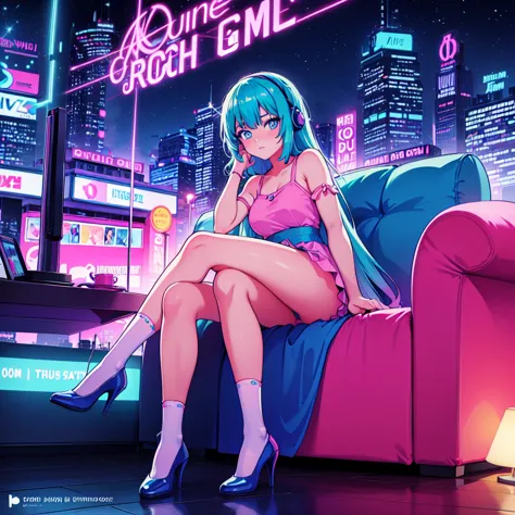 (masterpiece), Highest quality, Expressive eyes, Neon pastel aesthetics, Retro 90s, Neon color,((Girl sitting on sofa,In a cozy ...