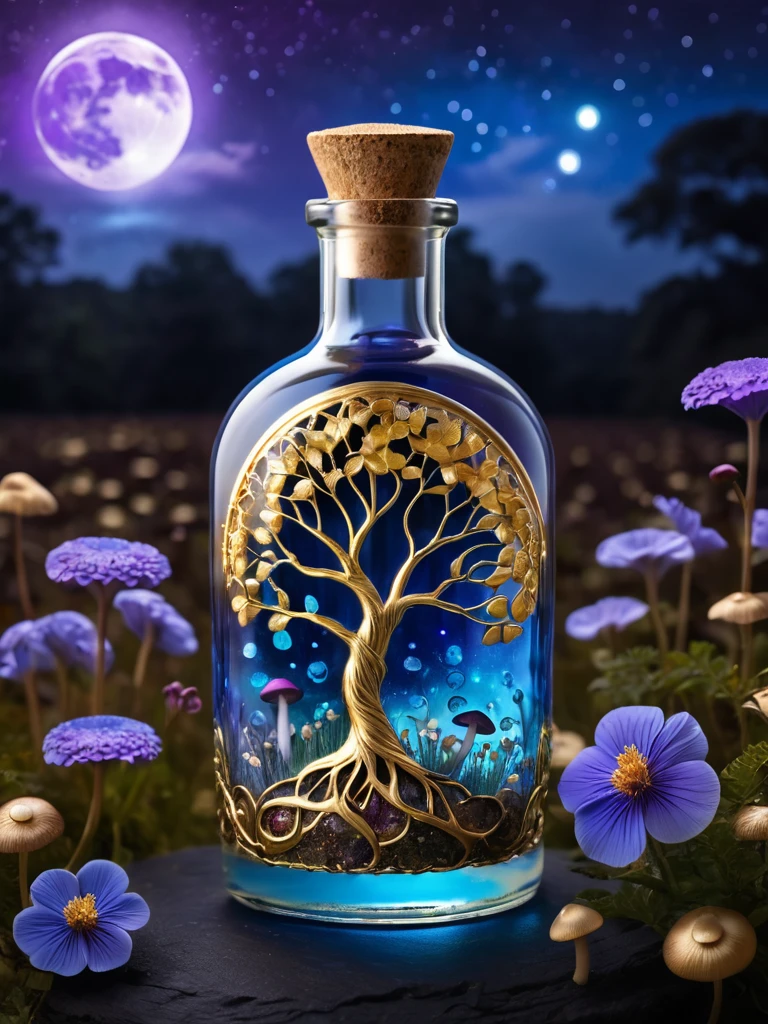 (una obra maestra en una botella de vidrio, árbol de la vida azul y dorado, campos de setas, Flores moradas), fondo oscuro y fantasmal, luna