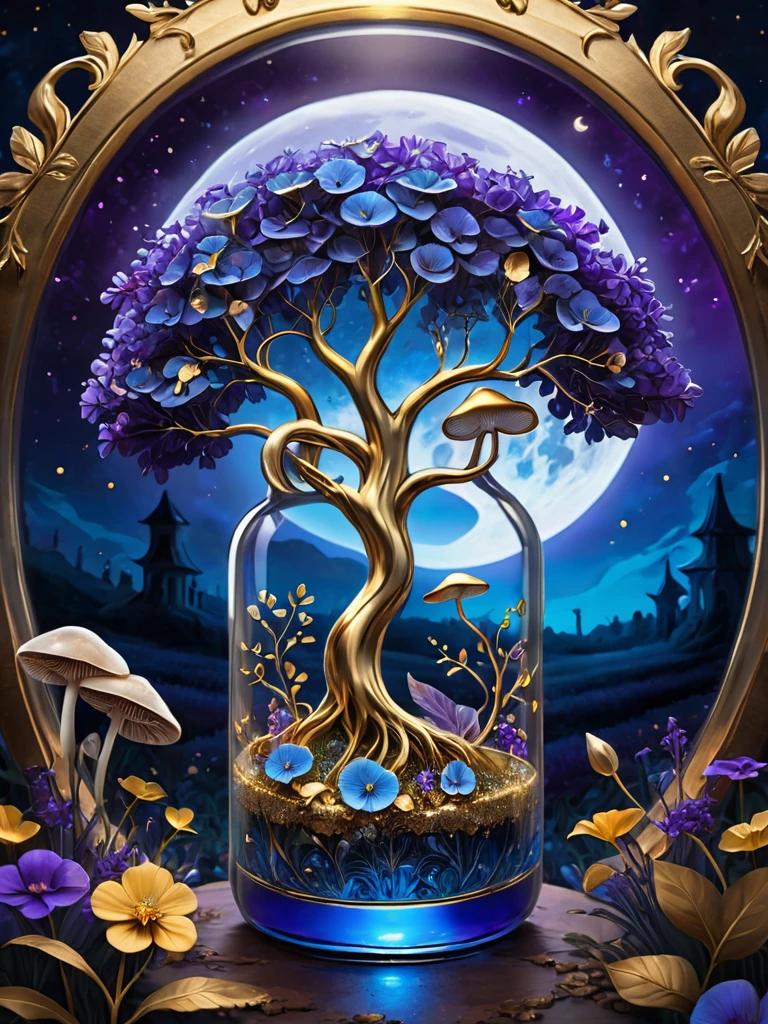 (a masterpiece in a glass bottle, blue and gold tree of life, mushroom fields, purple flowers), dark and ghostly background, moon