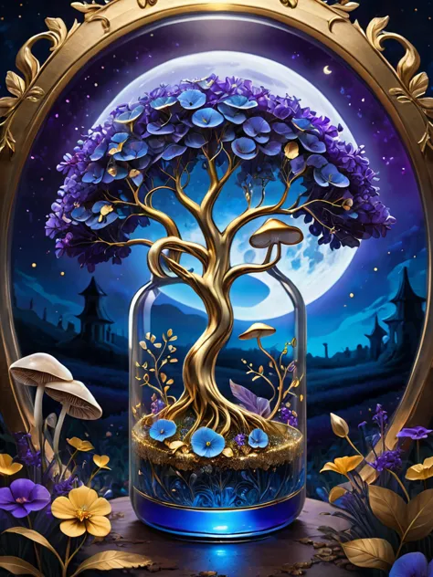 (a masterpiece in a glass bottle, blue and gold tree of life, mushroom fields, purple flowers), dark and ghostly background, moo...