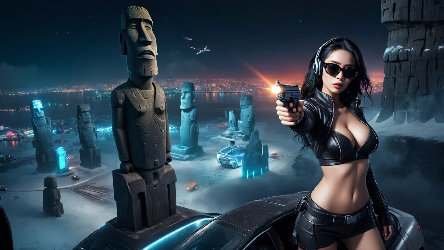 At night, dark sky, distant shot aerial view of fantasy cyberpunk style ice ((Moai-statue)) city, ((flying car)). ((1girl, solo, alone)), medium-breast:1.1 slim body, cleavage, sexy clothes, (headphone, black sunglasses, long black realistic hair), (((hip-up standing and holding pistol))), half-body thigh level medium shot, cinematic lighting.