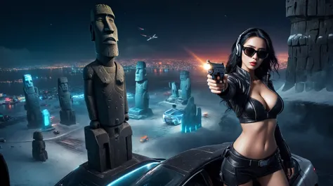 at night, dark sky, distant shot aerial view of fantasy cyberpunk style ice ((moai-statue)) city, ((flying car)). ((1girl, solo,...