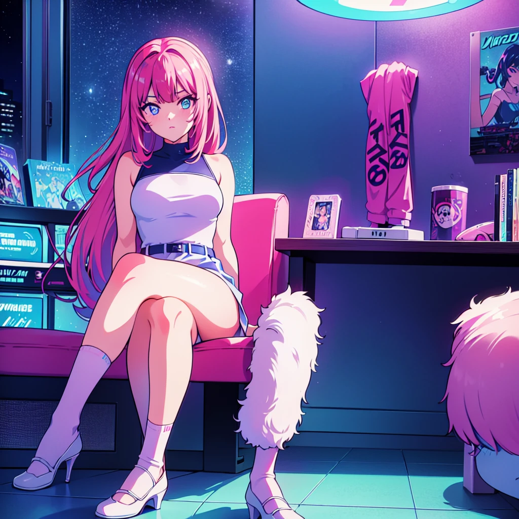 (masterpiece), Highest quality, Expressive eyes, Neon pastel aesthetics, Retro 90s, Neon color,((Girl sitting on sofa,In a cozy room,Records hanging on her wall, Comic books on the floor, Looking out the window behind her at the night city, Upholstered room, Anime figures lined up on a shelf)), Wearing headphones, (All around her it sparkles), (Wearing high socks and heels), (blue eyes), (Soft look), (Synthwave Art Style), Colorful Hair, Desk with PC set up