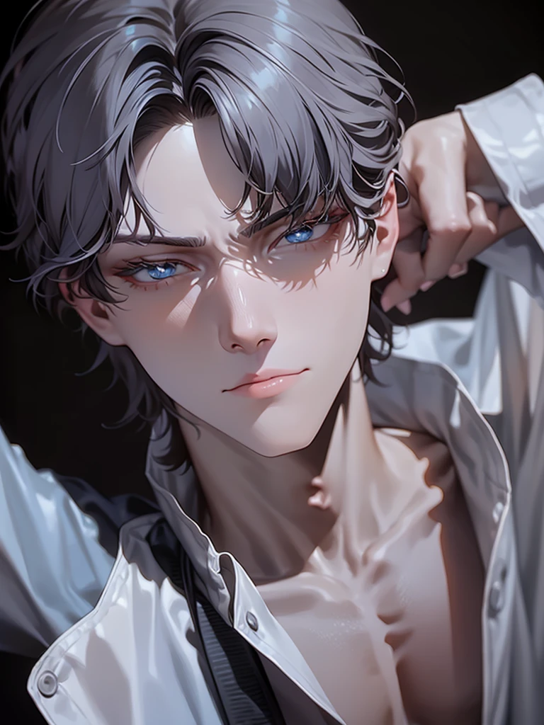 masterpiece, 8k, ((shadow and light effects)), Anime boy in tie and jacket, Smooth Anime CG Art, tall anime man with silver eyes, Anime Boy, Detailed Digital Anime Art, semi realistic anime, Realistic anime art style, made with anime painter studio, Beautiful Anime Portrait, anime style portrait, digital anime art, digital art in anime style, Anime Realism Style, anime handsome guy, full power ((effect)), ((serious countenance)), a small scar on the seat of the mouth