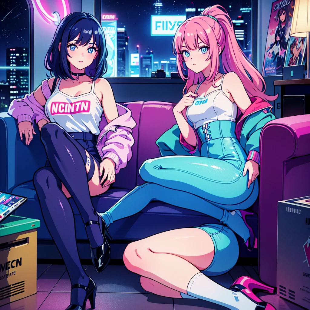 (masterpiece), Highest quality, Expressive eyes, Neon pastel aesthetics, Retro 90s, Neon color,((Girl sitting on sofa,In a cozy room,Records hanging on her wall, Comic books on the floor, Looking out the window behind her at the night city, Upholstered room, Anime figures lined up on a shelf)), Wearing headphones, (All around her it sparkles), (Wearing high socks and heels), (blue eyes), (Soft look), (Synthwave Art Style), Colorful Hair, Desk with PC set up