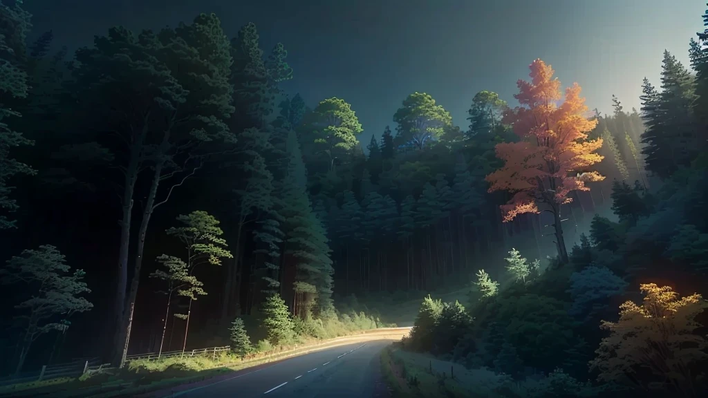 pájaros volando un primer plano de un camino en un bosque con un árbol, ross tran. fondo escénico, anime fondo de arte, fondo de arte, escena nocturna tranquila del bosque, bussiere rutkowski andreas rocha, paisaje de campo anime, paisaje de naturaleza nocturna, anime exuberante john 8k bosques, por Sylvain Sarrailh, inspirado en Andreas Rocha, entorno forestal iluminado por la luna, fondo de artework