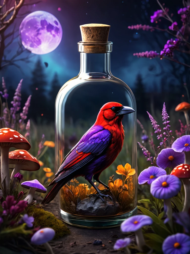 a obra maestra in a glass bottle, Cuervo Rojo y Dorado, campos de setas, Flores moradas, fondo oscuro y fantasmal, luna, (mejor calidad,4k,8K,alta resolución,obra maestra:1.2),ultra detallado,(Realista,photoRealista,photo-Realista:1.37),hdr,HD,iluminación de estudio,Pintura ultrafina,enfoque nítido,renderizado basado físicamente,descripción detallada extrema,Profesional,colores vívidos,bokeh,Fantasía oscura,macabre,atmósfera de mal humor,iluminación cinematográfica