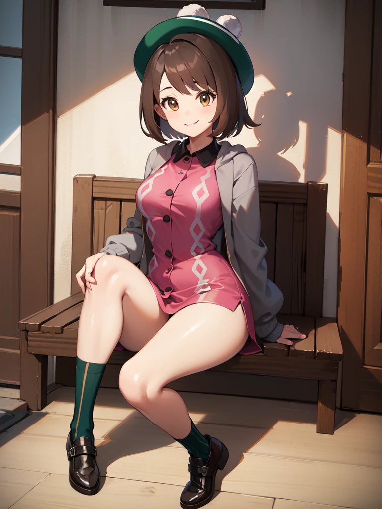 masterpiece, best quality, highres, gloria1, 1girl, gloria \(pokemon\), brown hair, solo, brown eyes, tam o' shanter, grey cardigan, pink dress, short hair, green socks, socks, bob cut, bangs, long sleeves, collared dress, thighs, breasts, smile, mature female, กางเกงในสีขาว, โชว์ กางเกงใน, เปียก, camel toe,