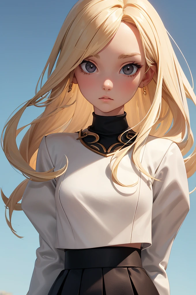 (best quality), 1girl, female, porcelain skin, blonde hair, straight hair, medium hair, swoopy tips, Flipped-up ends, brown eyes, perfect eyes, crop turtleneck top, black skirt, slender, , small bust, shy, masterpiece, anatomically correct, highres
