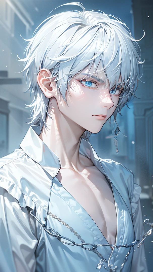 masterpiece, 8k, ((shadow and light effects)), Anime boy in tie and jacket, Smooth Anime CG Art, tall anime man with silver eyes, Anime Boy, Detailed Digital Anime Art, semi realistic anime, Realistic anime art style, made with anime painter studio, Beautiful Anime Portrait, anime style portrait, digital anime art, digital art in anime style, Anime Realism Style, anime handsome guy, full power ((effect)), ((serious countenance)), a small scar on the seat of the mouth