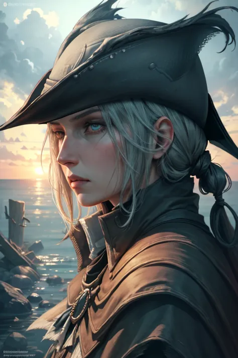 lady maria_bloodborne, profile, close-up, sunlight, dawn, sad, sketch