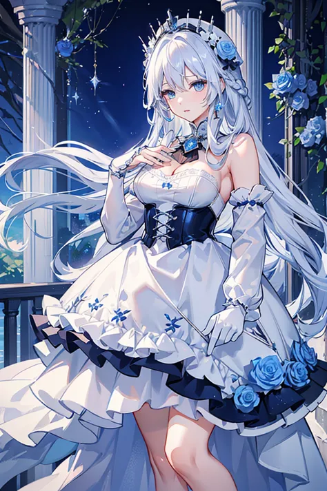 A woman with white hair and blue eyes、adult、Long, fluffy wavy hair、Braiding、Wearing hair ornaments、Princess、White gloves、Blue ro...