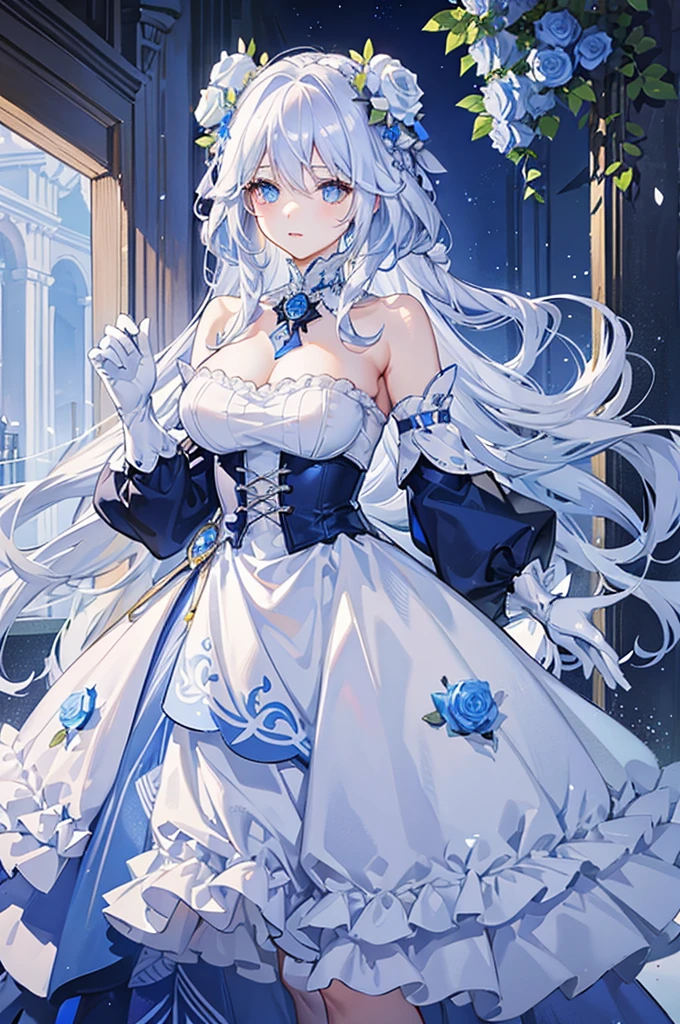 A woman with white hair and blue eyes、adult、Long, fluffy wavy hair、Braiding、Wearing hair ornaments、Princess、White gloves、Blue roses and white roses、Wearing a lace dress、Putting index finger on lips、Fantasy