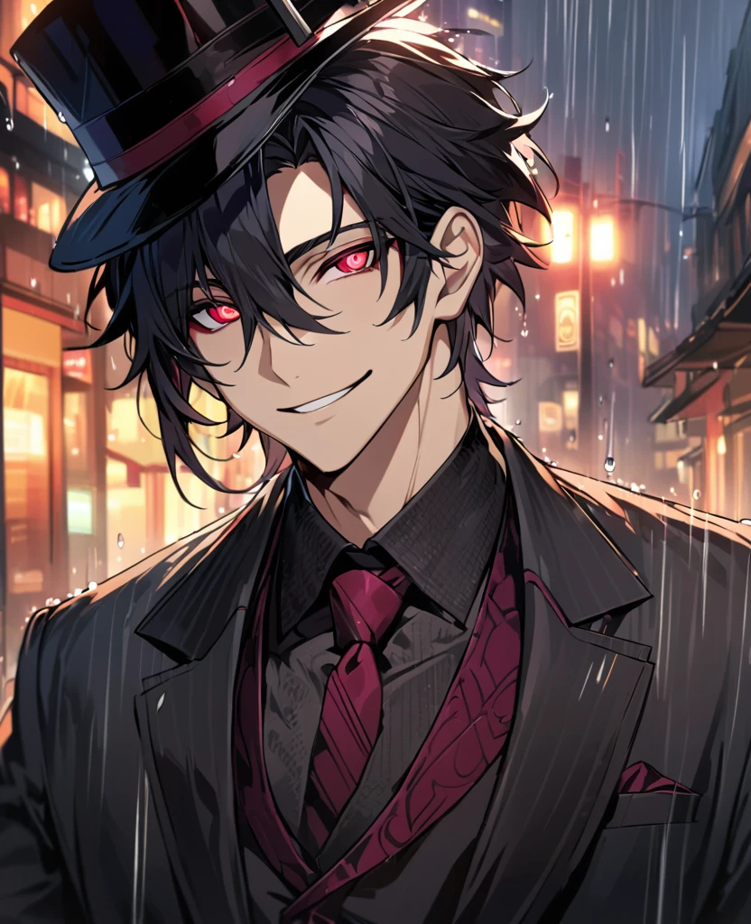  (black_hair), (deep_ruby_eyes), (detailed_eyes), (smile), (attractive), (street_background), (raining), (glowing_eyes), (male), (wearing _a_black_suit), (long_male_hair), (detailed_Hair), (detailed), (detailed_mouth), (top_hat), (close_up), (adult)