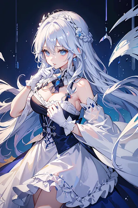 A woman with white hair and blue eyes、adult、Long, fluffy wavy hair、Braiding、Wearing hair ornaments、Princess、White gloves、Wearing...